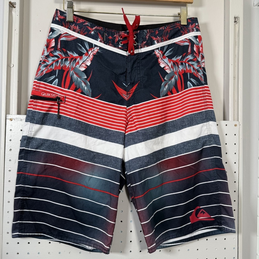 Quiksilver‎ Board Shorts Men's Navy Red Striped Drawstring Tropical Beach - 30